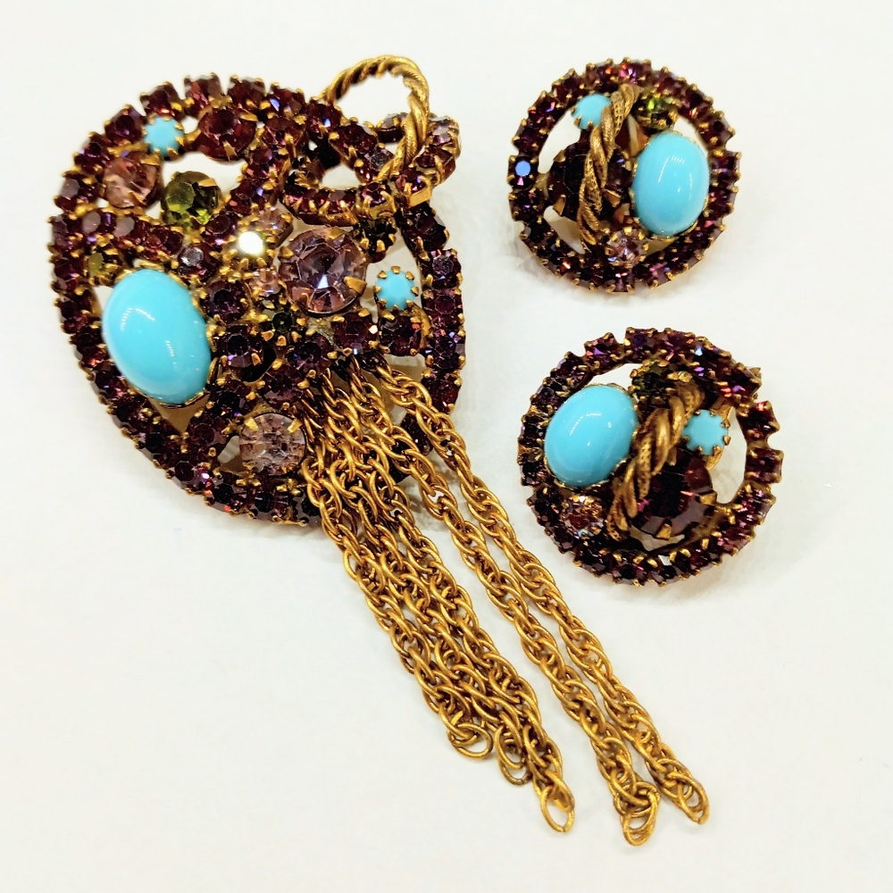 Vintage Alice Caviness Tassel Rhinestone Designer Brooch Earrings Set